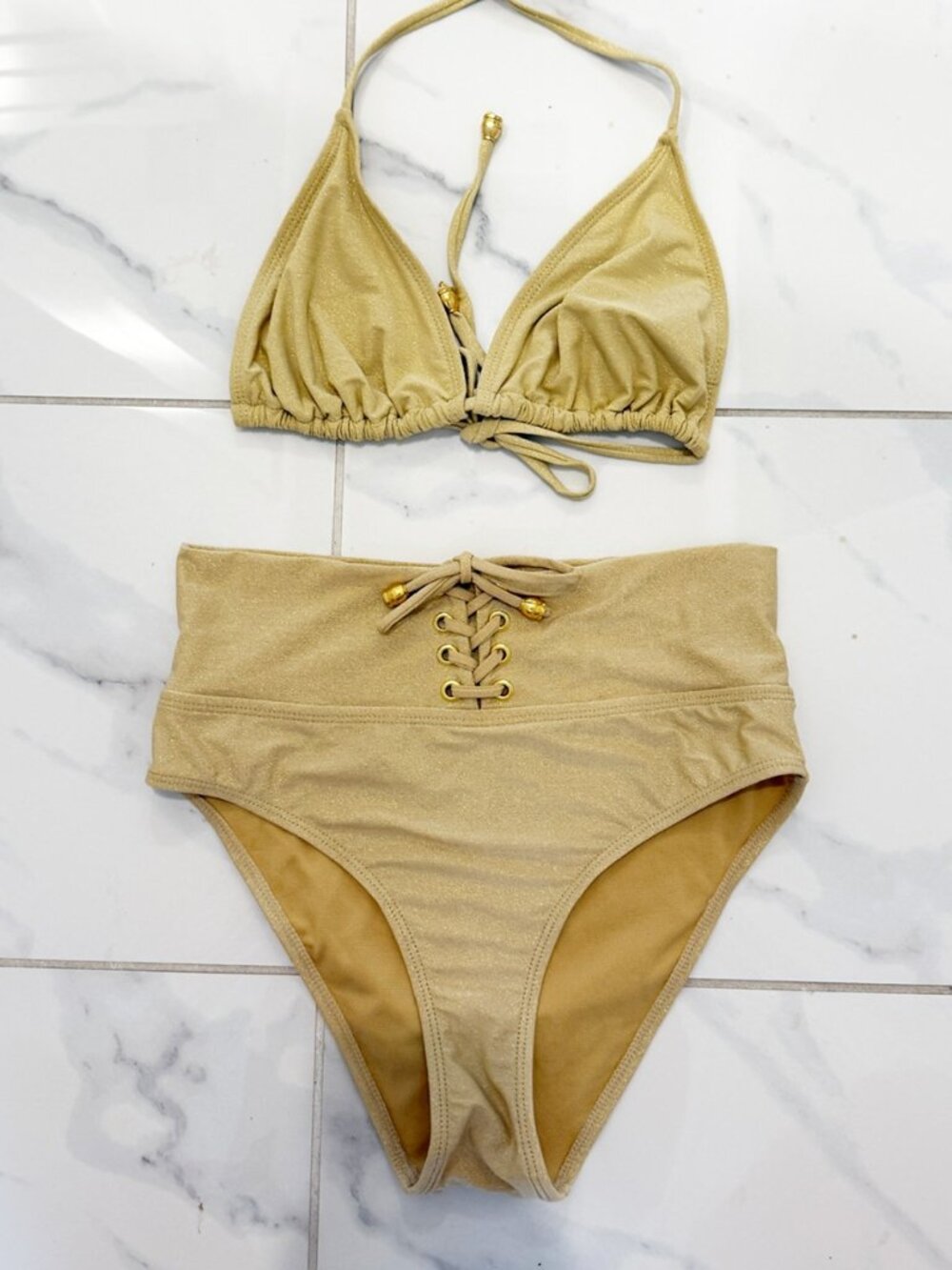 BIKKI BEACH EMMA Gold Lace Up 2-pc Bikini M/L - Picture 2 of 16